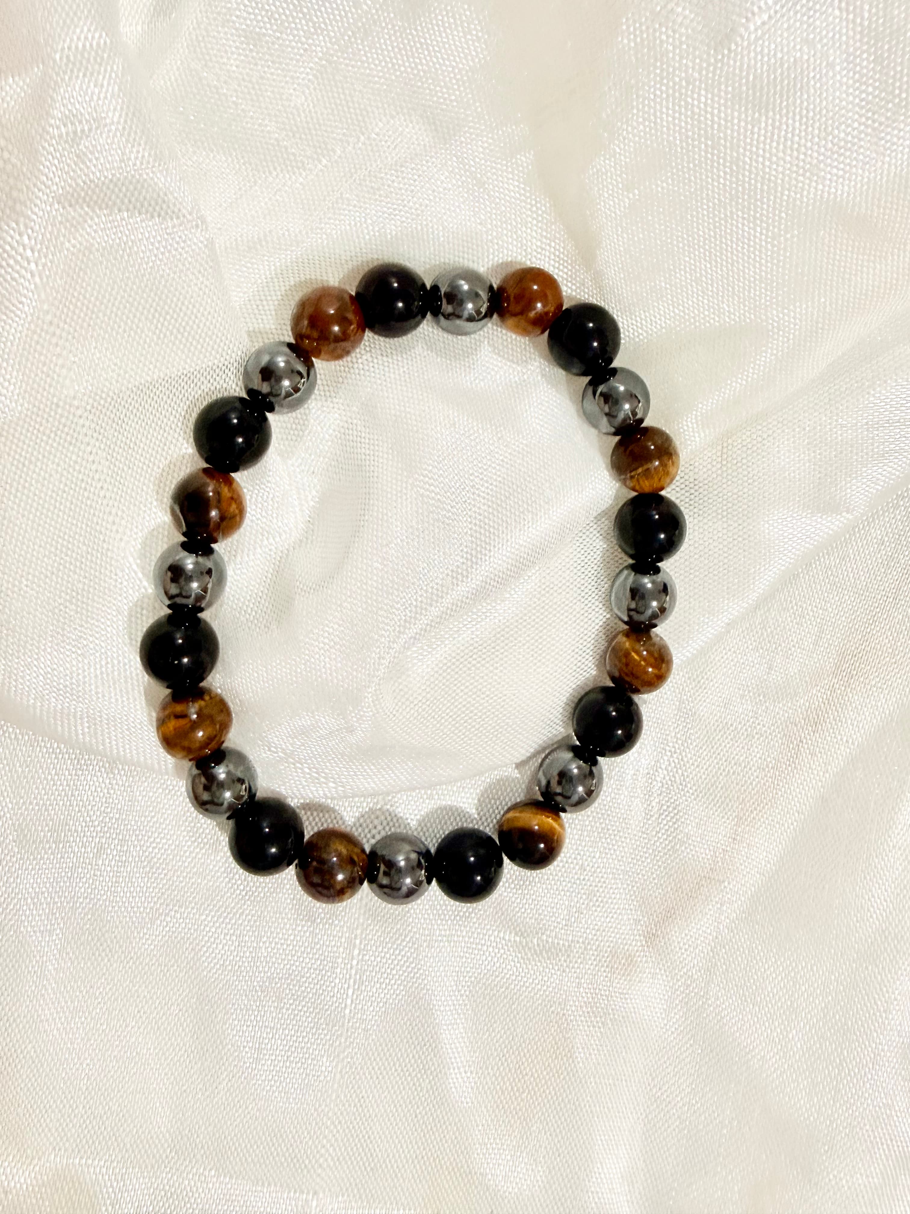 Natural Triple Protection Crystal Bracelet | Obsidian, Onyx & Tiger Eye